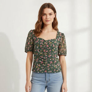 Elodie Floral Ruched Mesh Top XL Green Pink Sweetheart Neck Cottagecore village